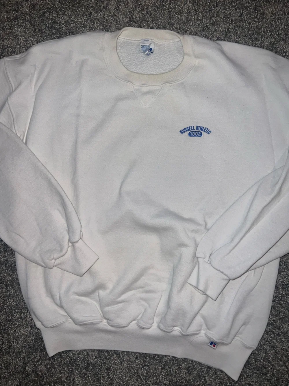 Russell Athletic White Crewneck Sweatshirt with Blue Logo